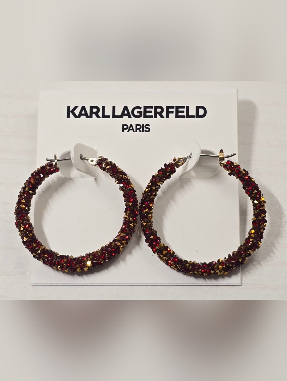 Karl Lagerfeld Garnet Crystal Hoop Earrings with Gold Accents